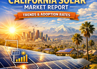 Graph illustrating 2026 California solar market trends with a city skyline and solar panels in the background.