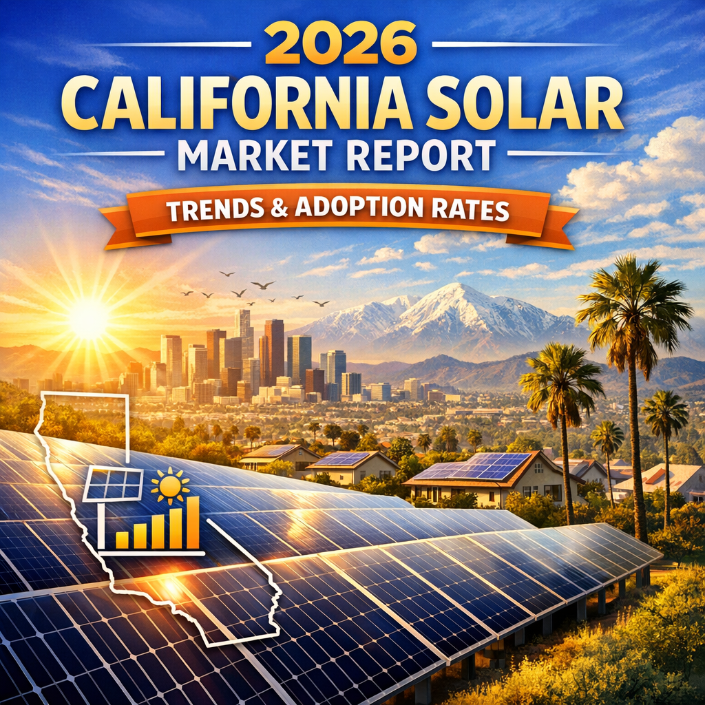 Graph illustrating 2026 California solar market trends with a city skyline and solar panels in the background.