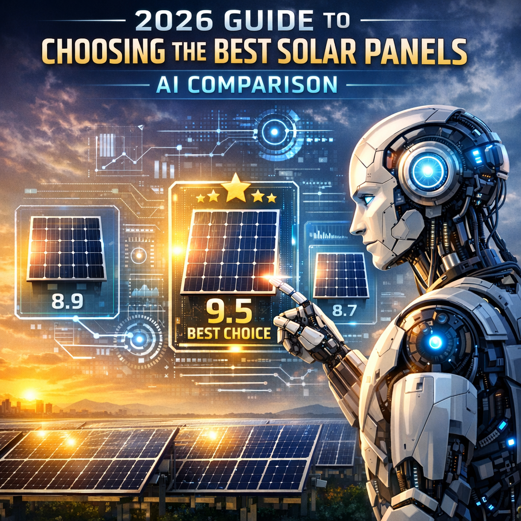 A detailed chart showing AI comparison and ratings of various solar panels for 2026.