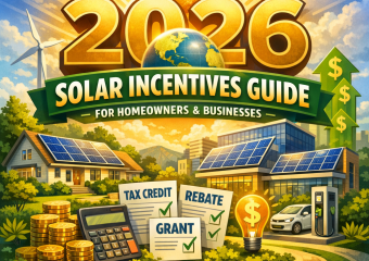 Cover of "2026 Solar Incentives Guide" showing solar panels on a roof with icons for tax credits, rebates, and grants.