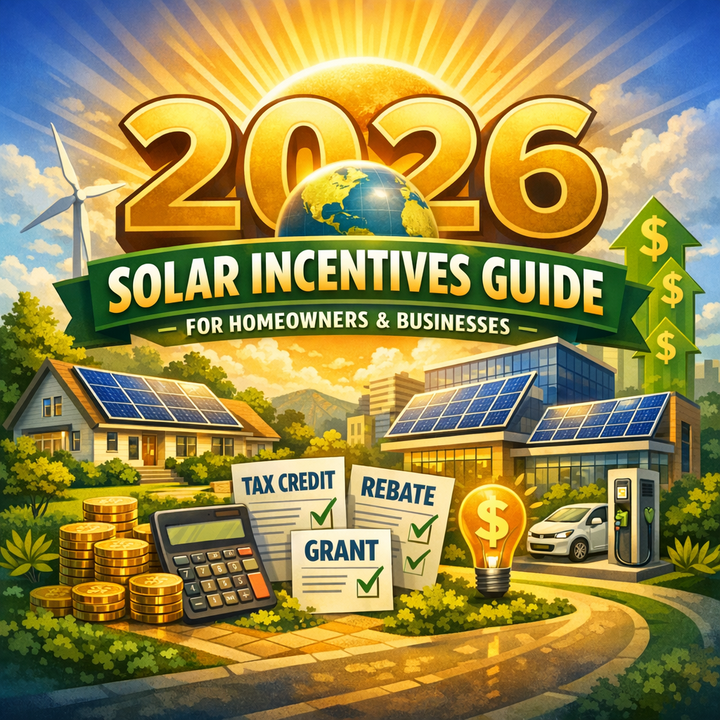 Cover of "2026 Solar Incentives Guide" showing solar panels on a roof with icons for tax credits, rebates, and grants.