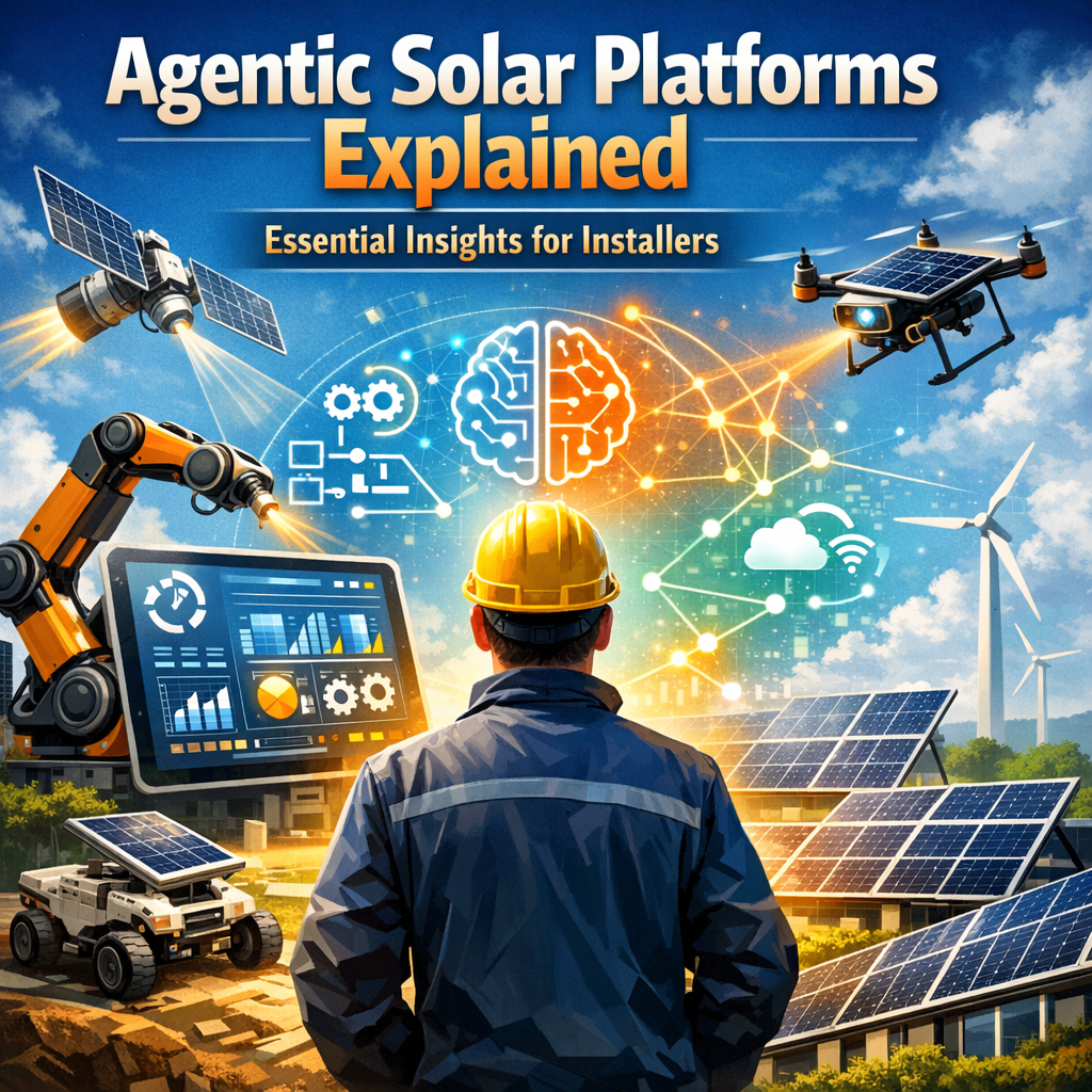 Diagrams showing AI integration in agentic solar platforms for solar energy systems.