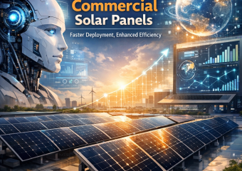 Commercial solar panels on a large building roof, labeled with AI-driven technology icons for efficiency and speed.