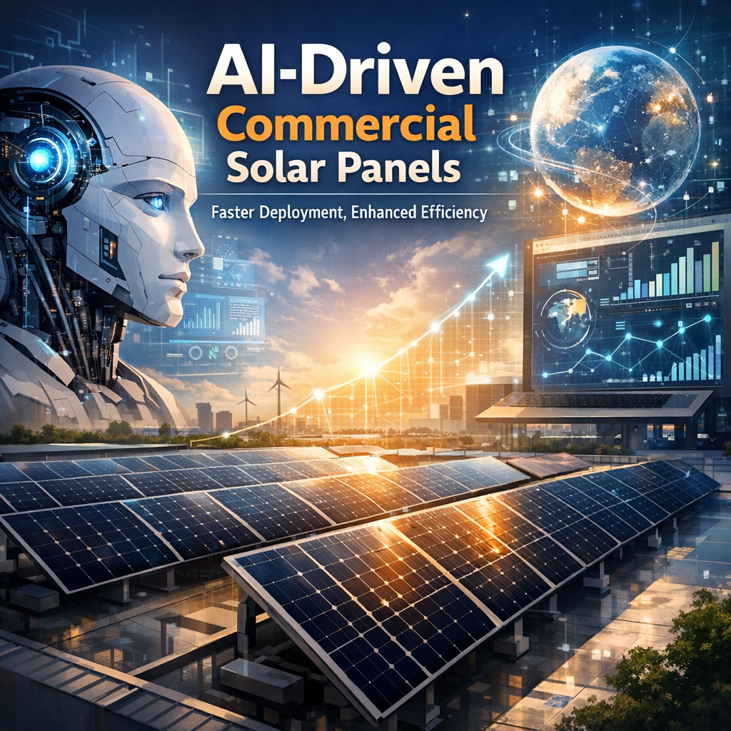 Commercial solar panels on a large building roof, labeled with AI-driven technology icons for efficiency and speed.