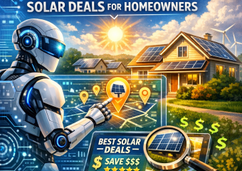 AI-generated graphics illustrating AI technology used by homeowners to find local solar panel deals.