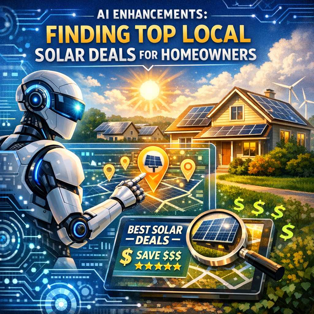 AI-generated graphics illustrating AI technology used by homeowners to find local solar panel deals.