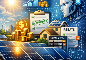 AI technology interface displaying solar panel financing options and rebate information.