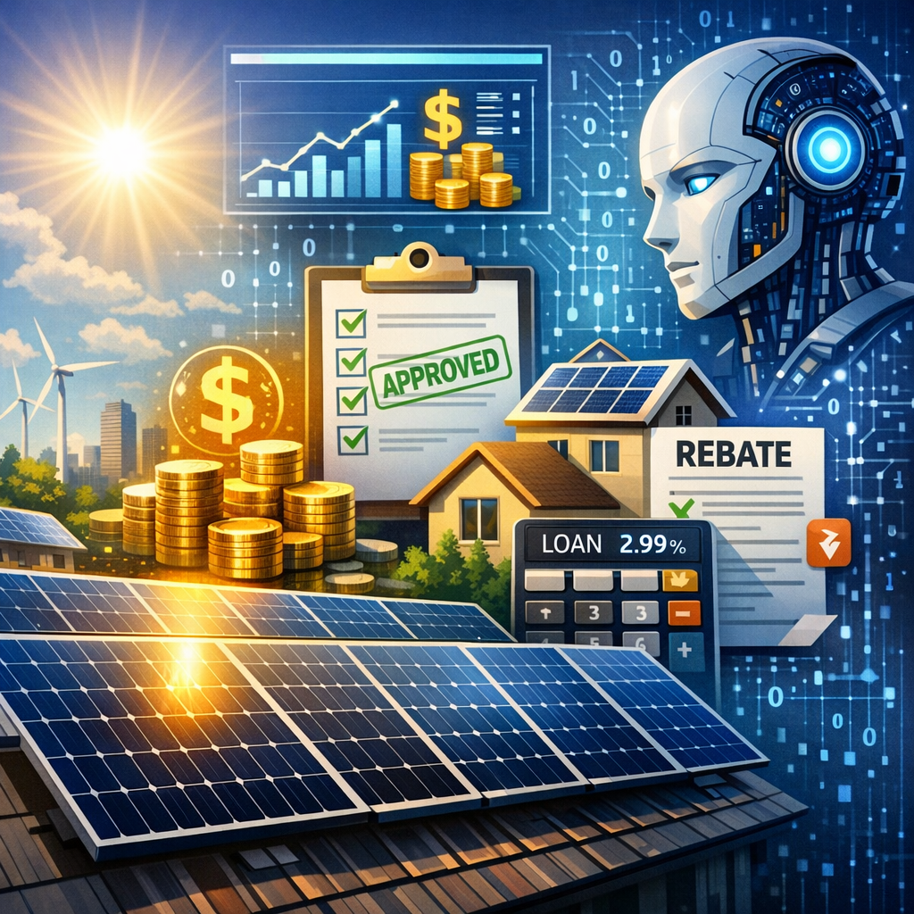 AI technology interface displaying solar panel financing options and rebate information.