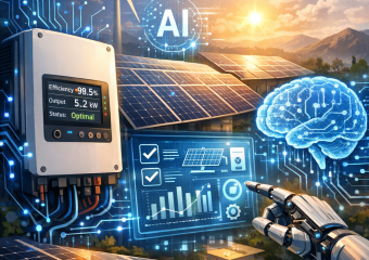 AI technology diagram showing robots and data analytics optimizing solar panel efficiency.