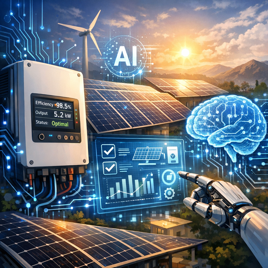 AI technology diagram showing robots and data analytics optimizing solar panel efficiency.