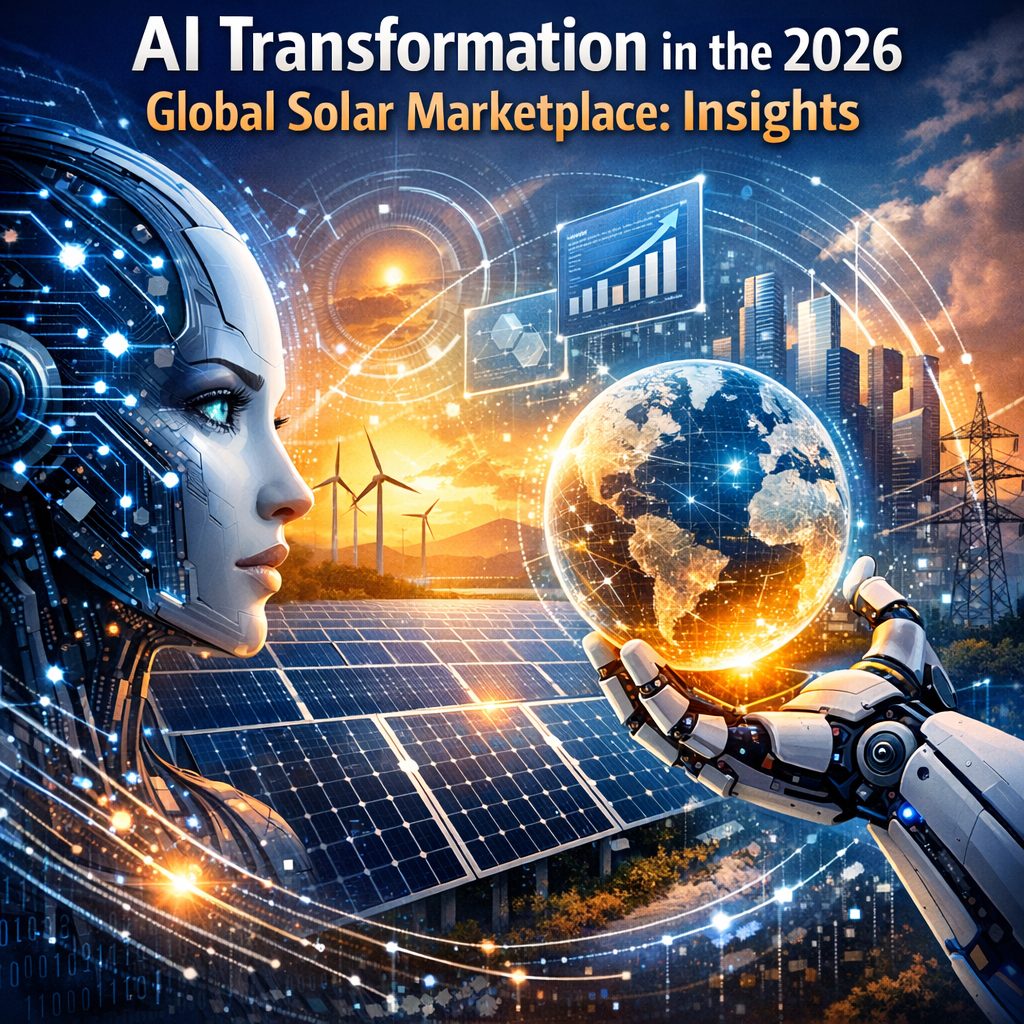 Graphic of AI transforming the global solar market in 2026, with data and futuristic city visuals.