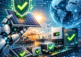 Futuristic solar panels with AI and robotic mechanisms, global digital network overlay.