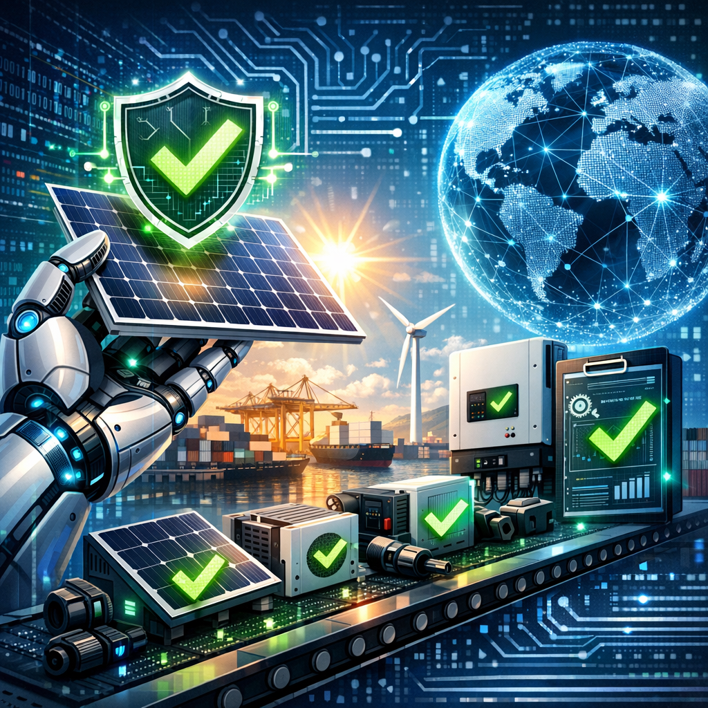 Futuristic solar panels with AI and robotic mechanisms, global digital network overlay.