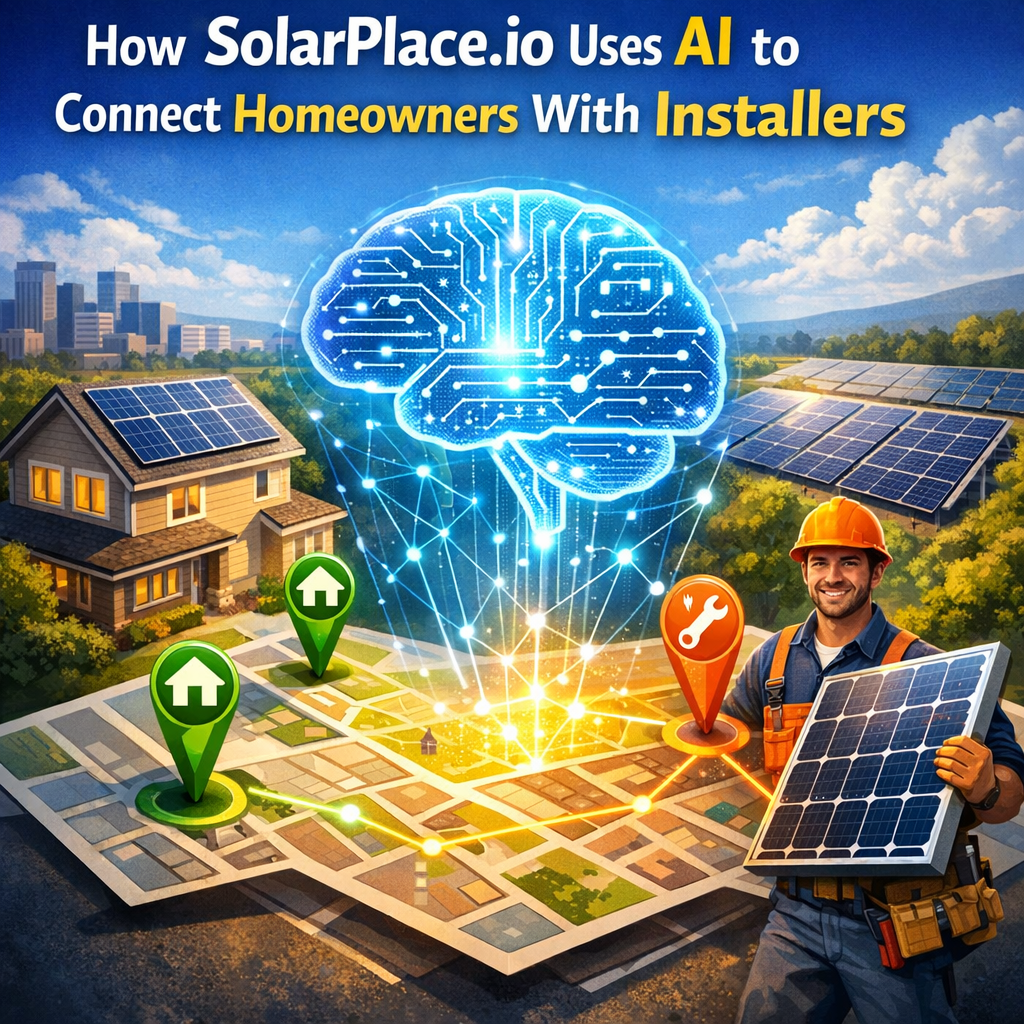 Infographic illustrating SolarPlace.io's AI technology connecting homeowners with local solar installers.