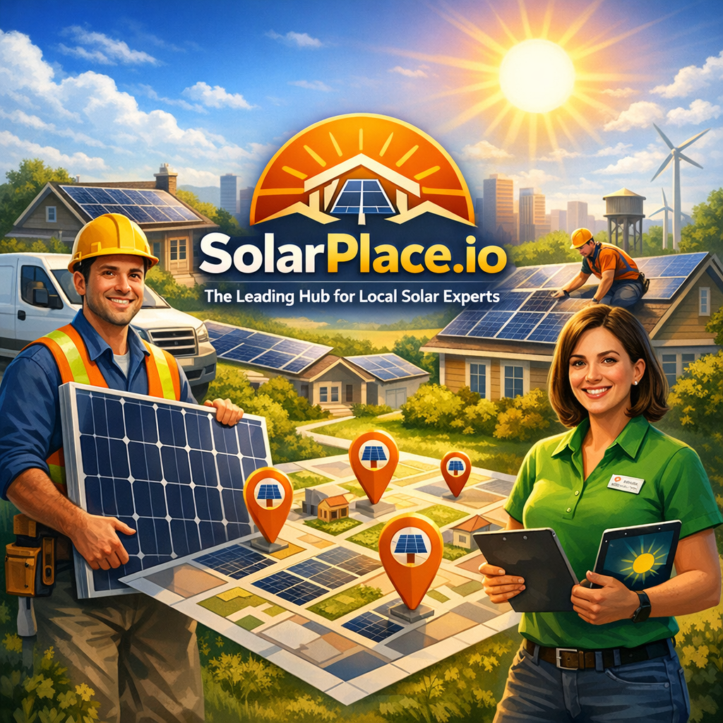 Two people consulting over a laptop with SolarPlace.io on the screen, residential solar panels in the background.