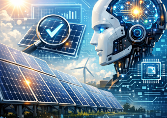AI algorithms displayed on screens, analyzing and improving solar panel systems.
