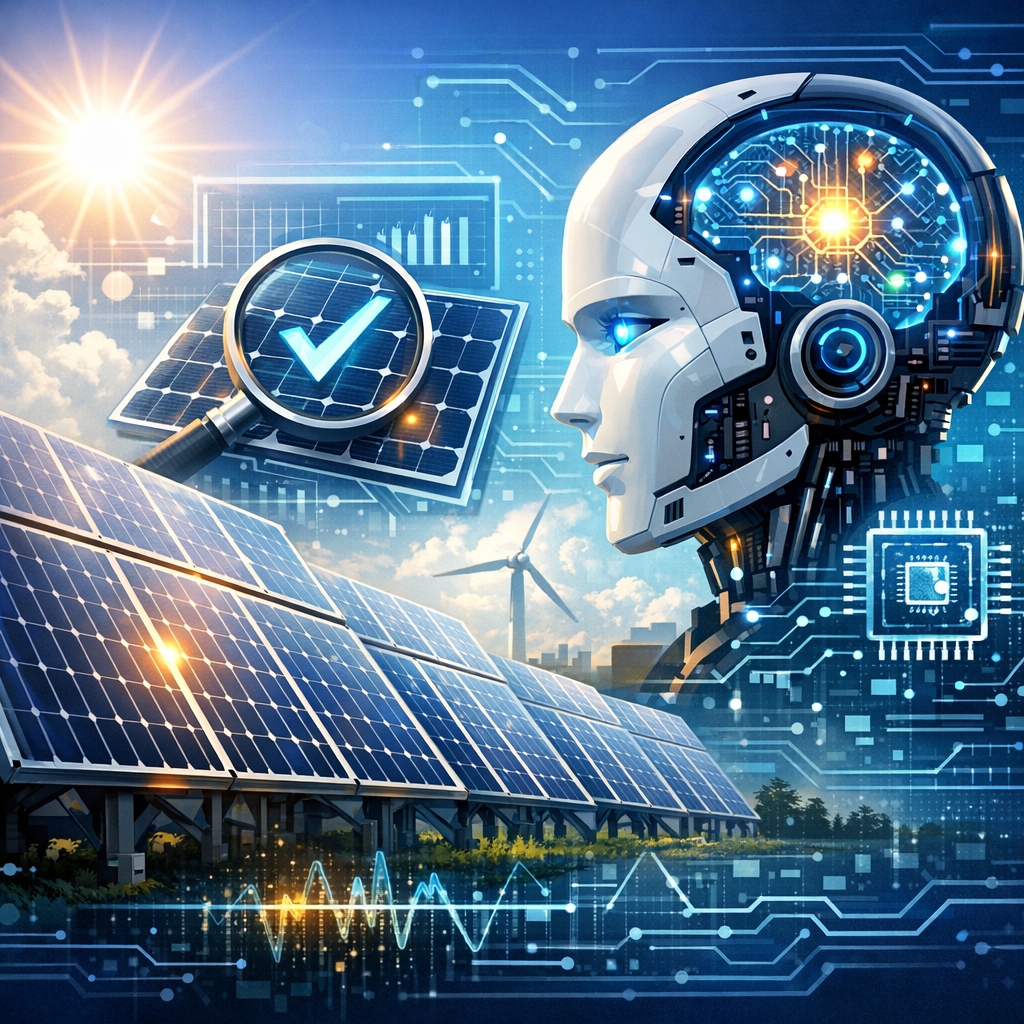 AI algorithms displayed on screens, analyzing and improving solar panel systems.