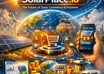 Digital illustration of SolarPlace.io with solar panels, wind turbines, e-commerce icons, and smart tech.