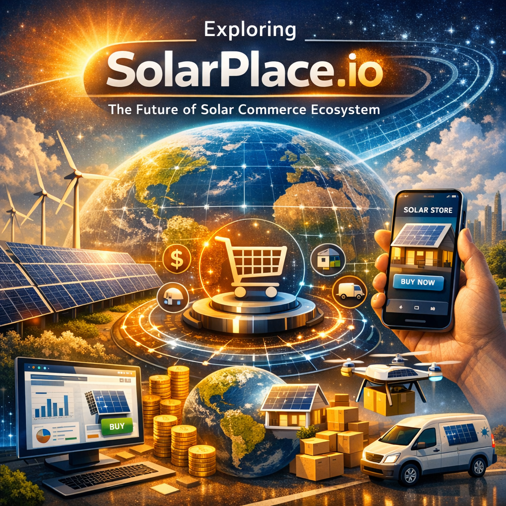 Digital illustration of SolarPlace.io with solar panels, wind turbines, e-commerce icons, and smart tech.