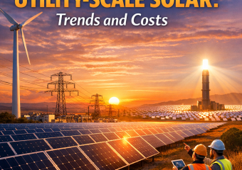 Silhouette of wind turbines and workers at sunset, symbolizing utility-scale solar trends.
