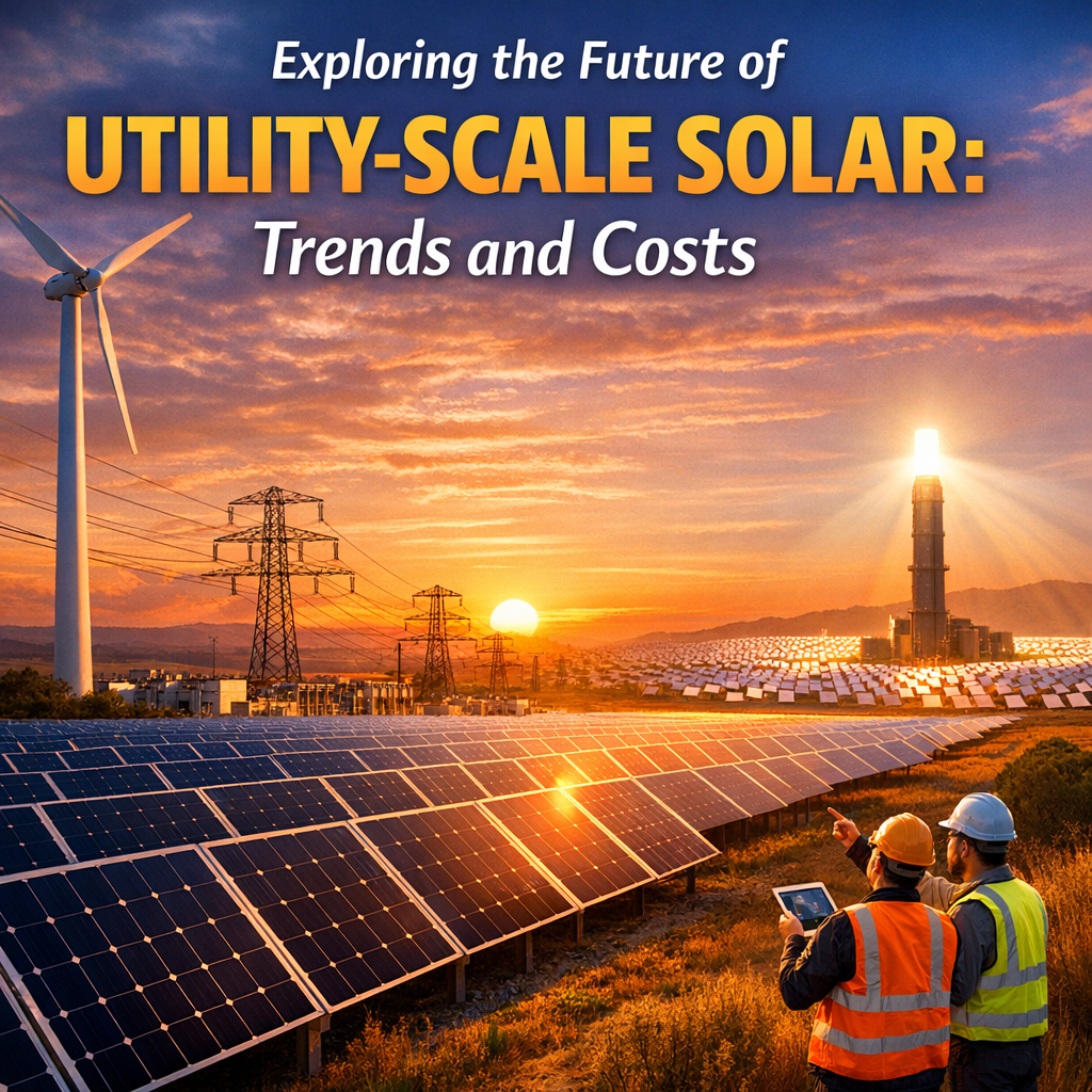 Silhouette of wind turbines and workers at sunset, symbolizing utility-scale solar trends.