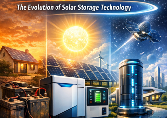Illustration of advanced solar storage solutions transitioning from traditional batteries to futuristic technology.