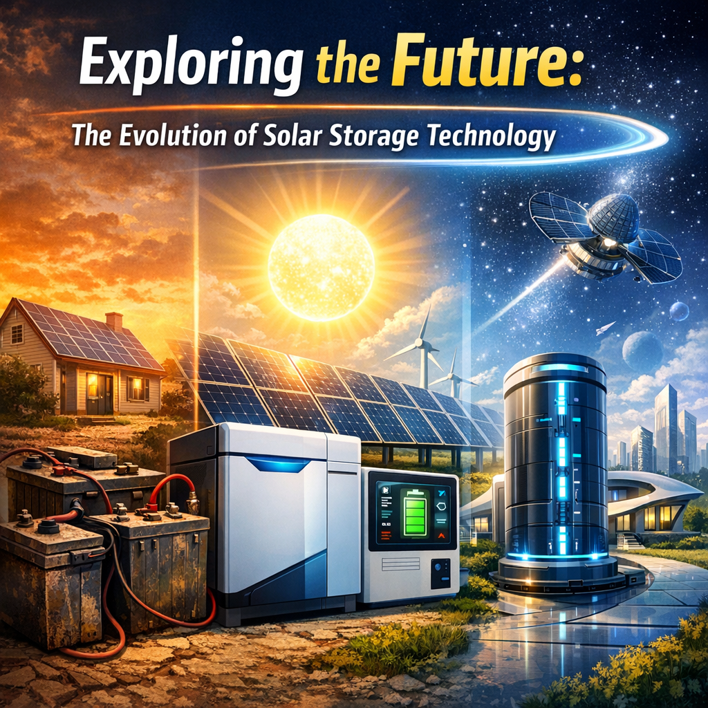 Illustration of advanced solar storage solutions transitioning from traditional batteries to futuristic technology.