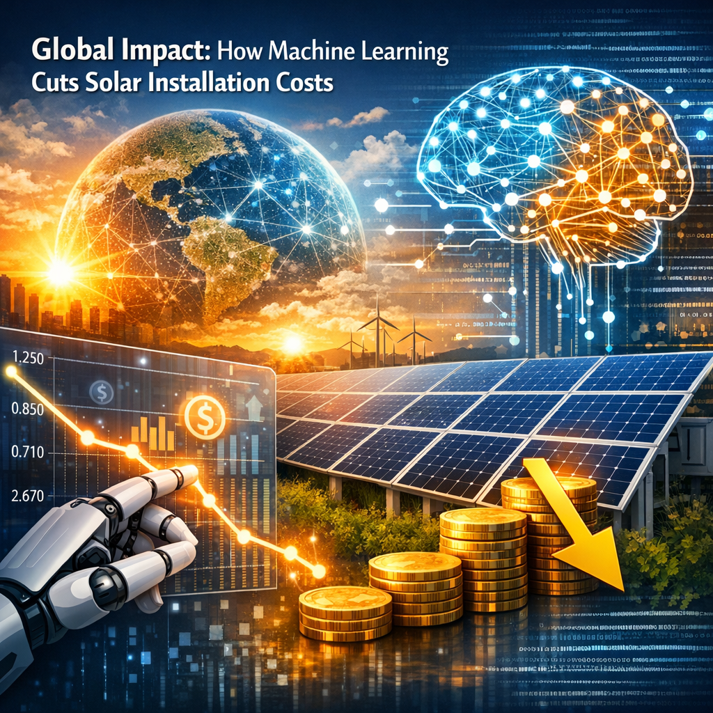 Illustration of an AI brain, solar panels, a global network, and financial graphs highlighting cost reduction.