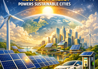 Solar panels and wind turbines in a cityscape, with electric cars driving, illustrating sustainable urban energy solutions.
