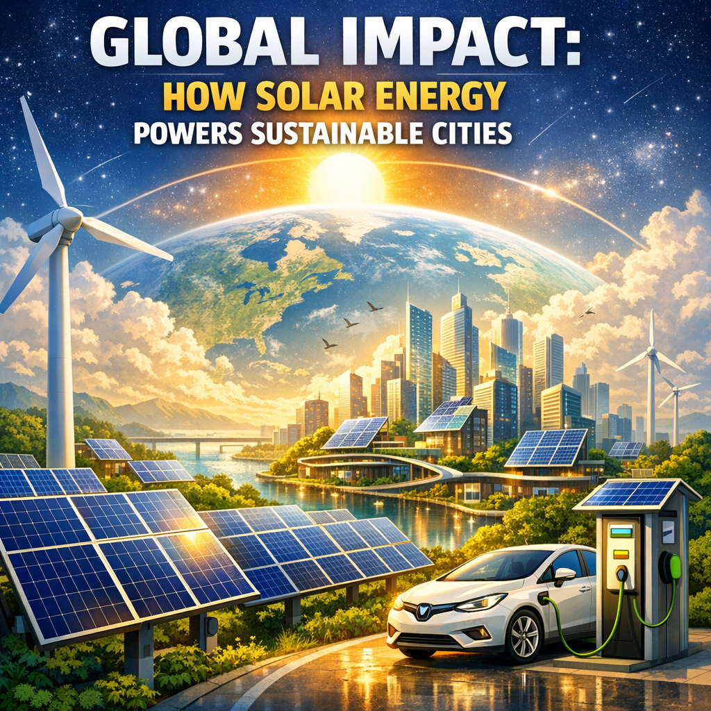 Solar panels and wind turbines in a cityscape, with electric cars driving, illustrating sustainable urban energy solutions.