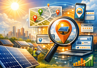 Illustration of a digital map highlighting solar energy installations, symbolizing growth via local discovery platforms.