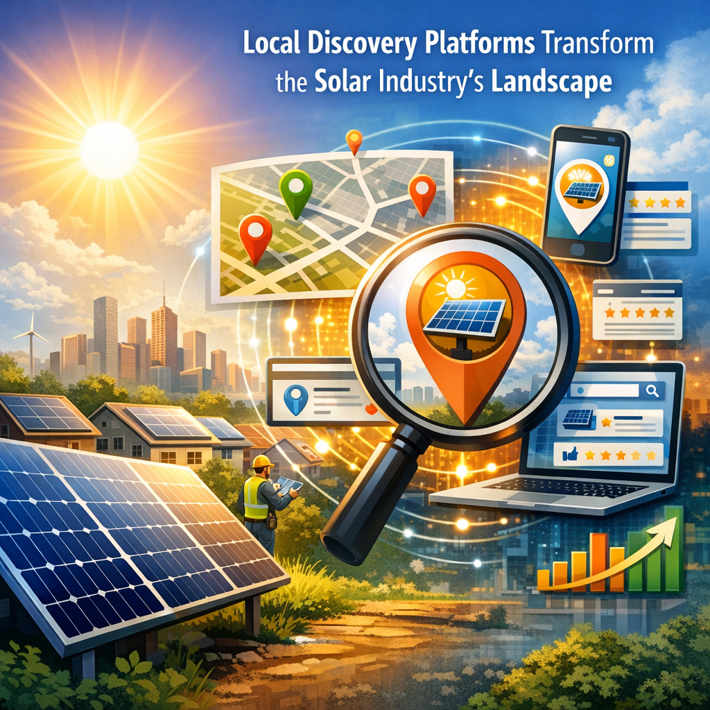 Illustration of a digital map highlighting solar energy installations, symbolizing growth via local discovery platforms.