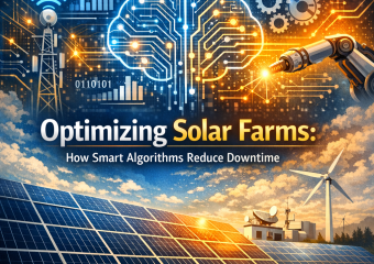 Aerial view of a solar farm with digital overlays illustrating algorithmic patterns.