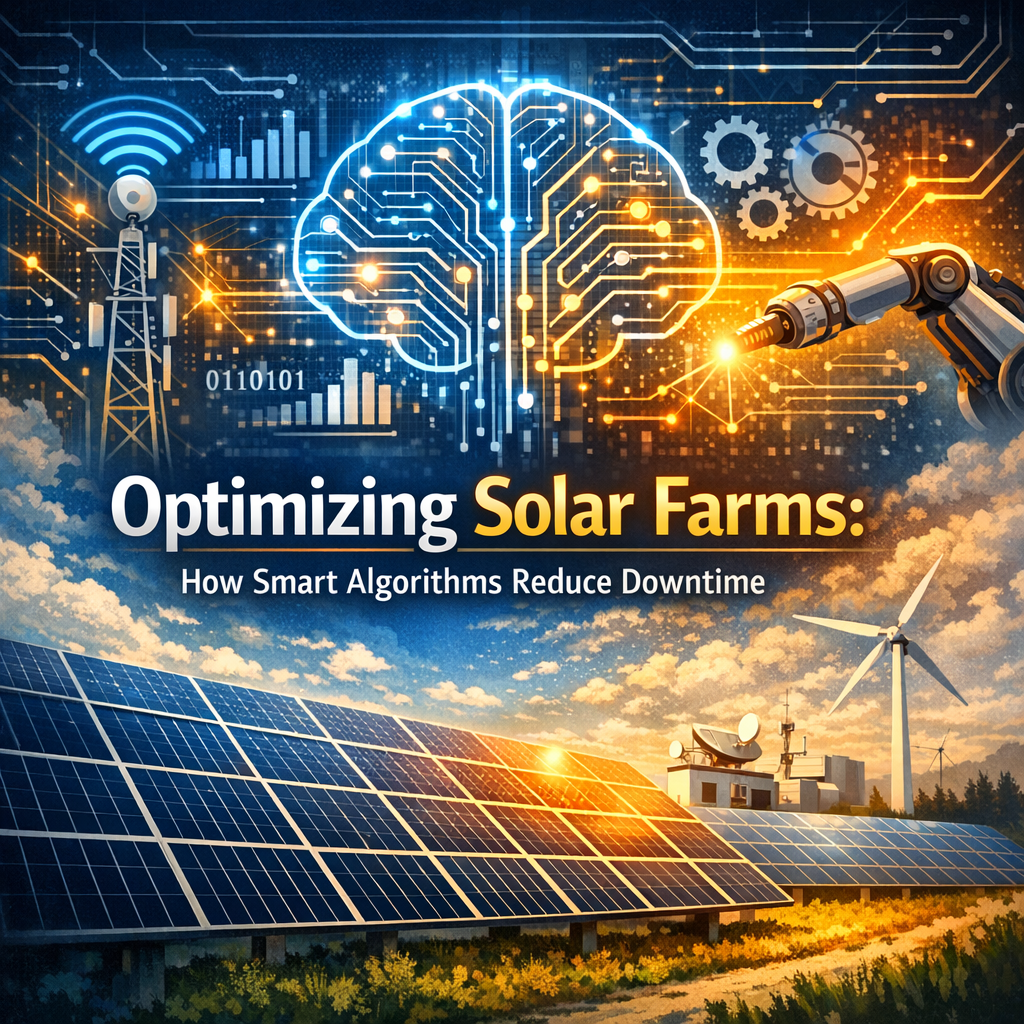 Aerial view of a solar farm with digital overlays illustrating algorithmic patterns.