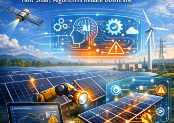 Aerial view of solar farm with overlaying graphics showing algorithmic data patterns.