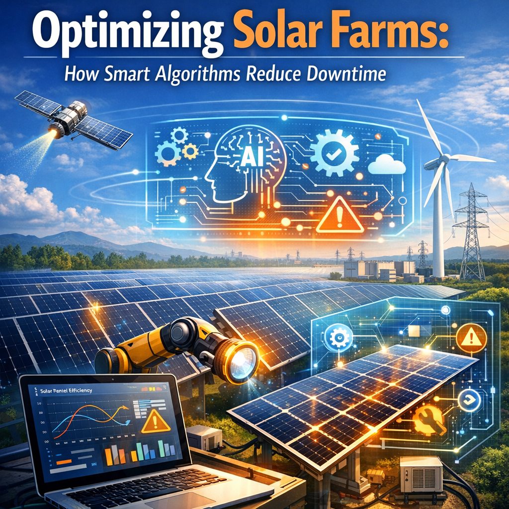 Aerial view of solar farm with overlaying graphics showing algorithmic data patterns.