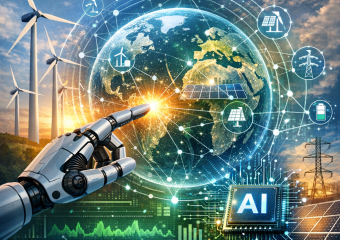 Illustration of AI technology optimizing wind turbines and solar panels on a digital globe.