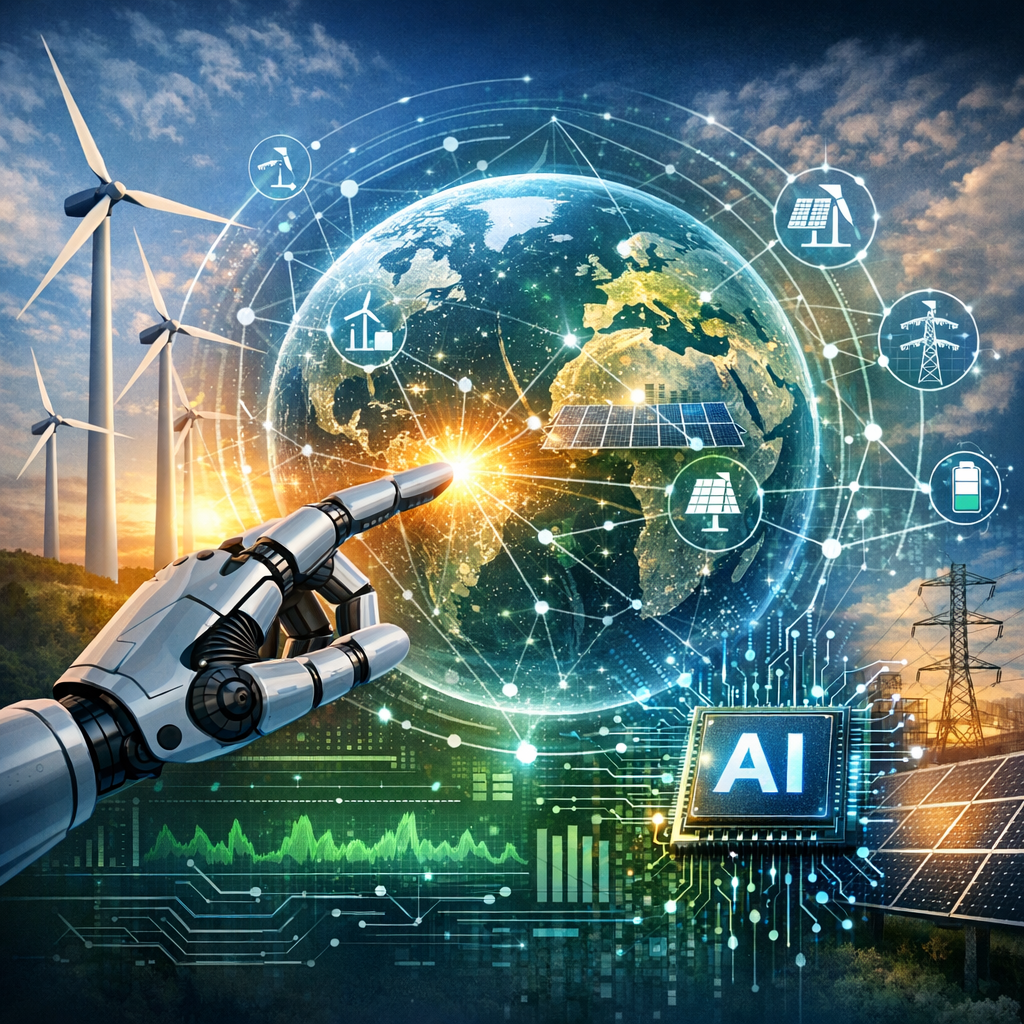 Illustration of AI technology optimizing wind turbines and solar panels on a digital globe.