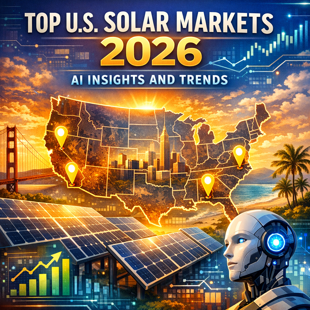 Futuristic map highlighting top U.S. solar markets in 2026 with AI trends and insights.