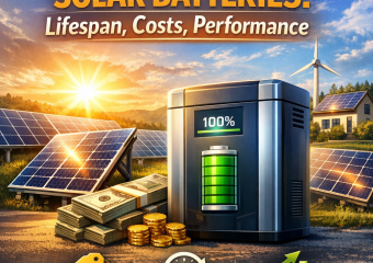 Solar panels and batteries with text overlay about lifespan, costs, and performance.