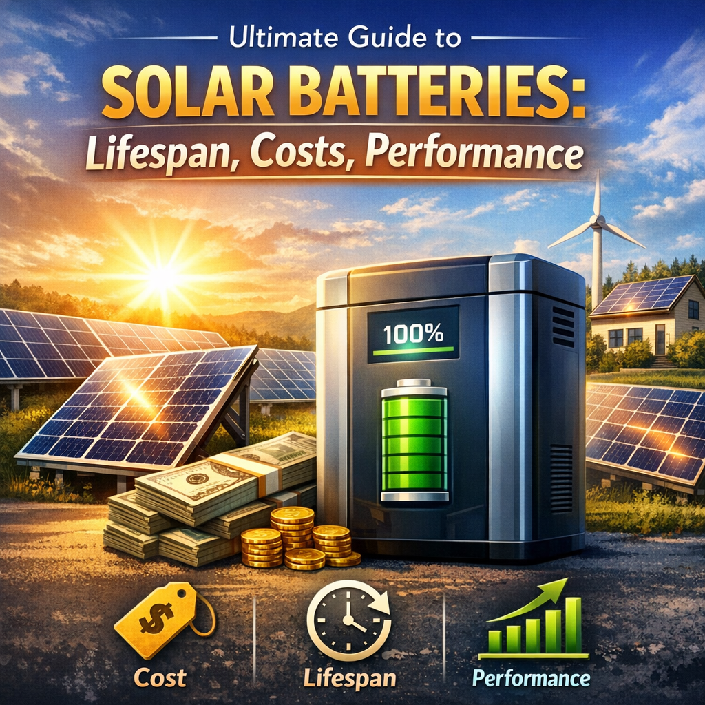 Solar panels and batteries with text overlay about lifespan, costs, and performance.